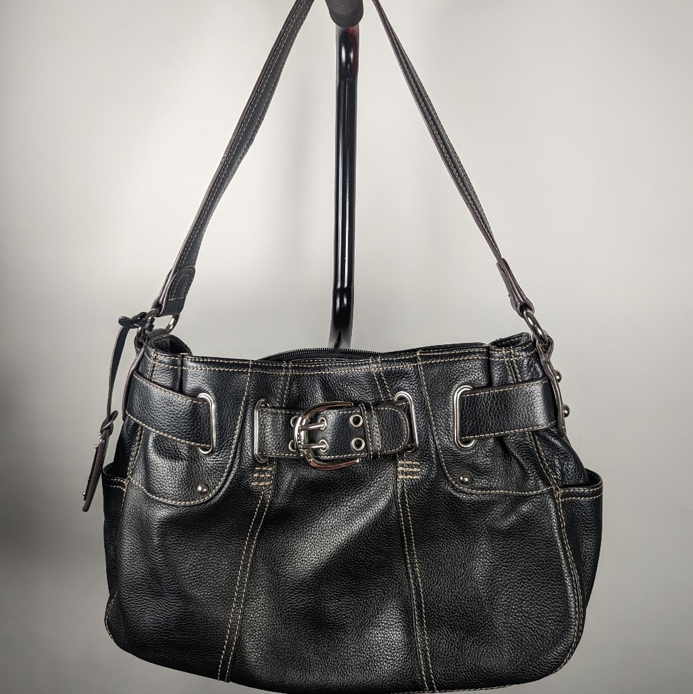 Tignanello Black Leather Shoulder Bag Buckle Multi Pocket Y2K